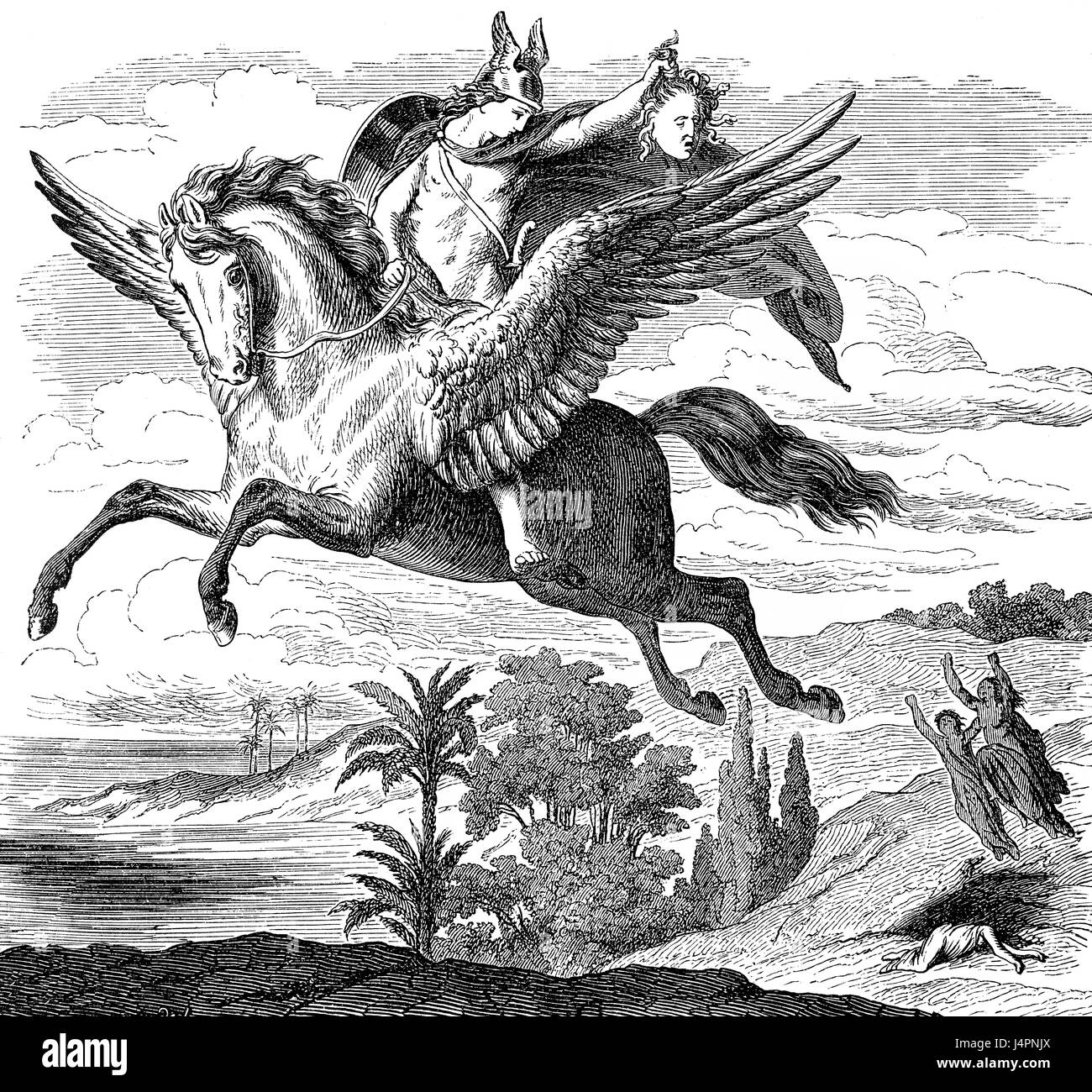 Perseus with the Head of Medusa riding on Pegasus, Greek mythology Stock Photo