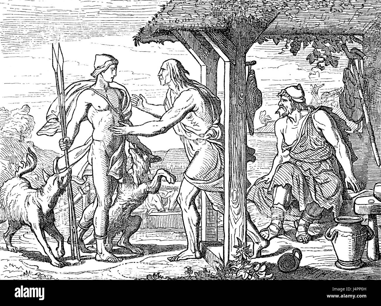 Odysseus sits by the fire as Eumaeus discovers Telemachus at the entrance  of his hut, Homer's Odyssey Stock Photo - Alamy