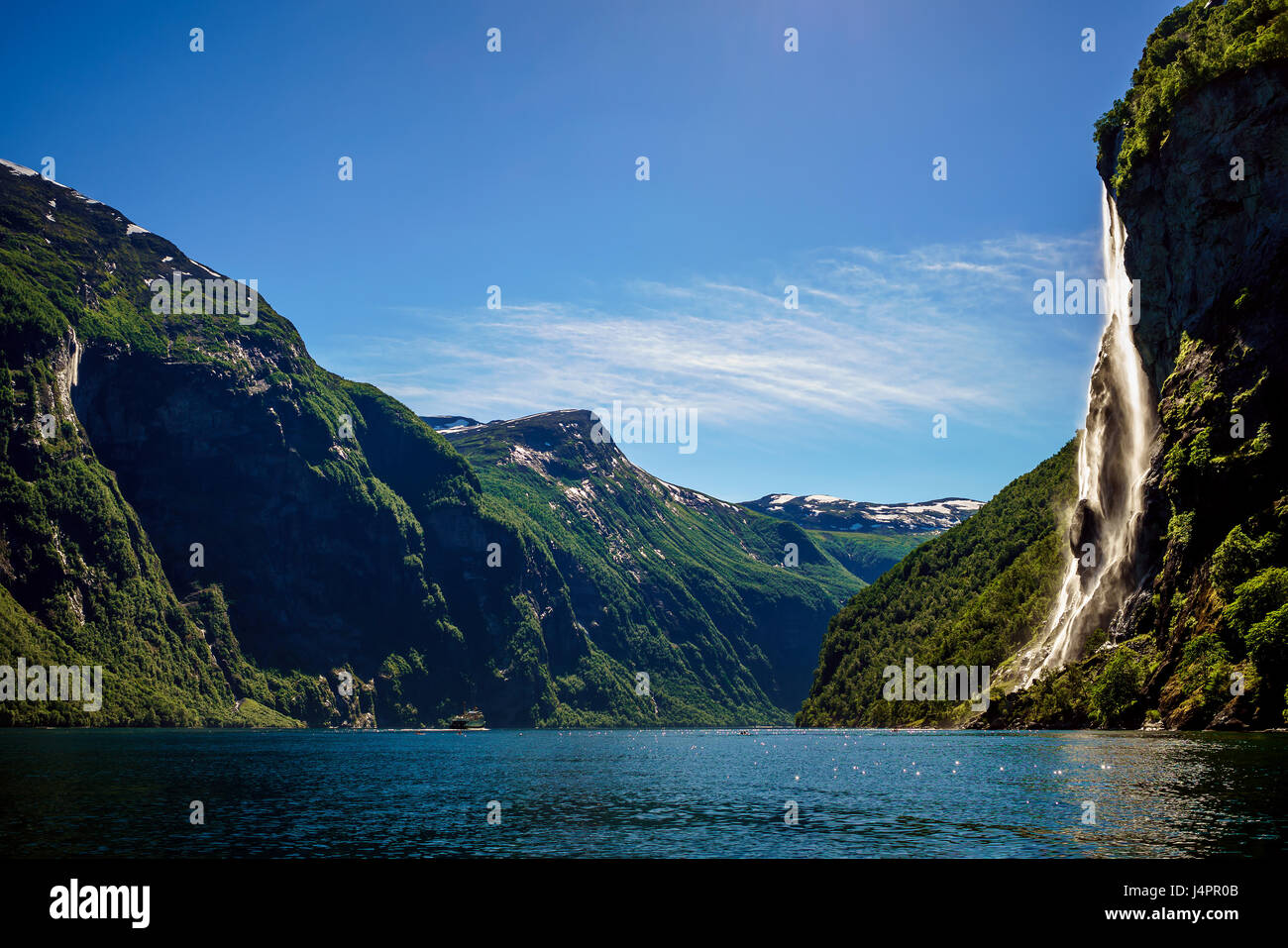 Geiranger fjord, waterfall Seven Sisters. Beautiful Nature Norway natural landscape. Stock Photo