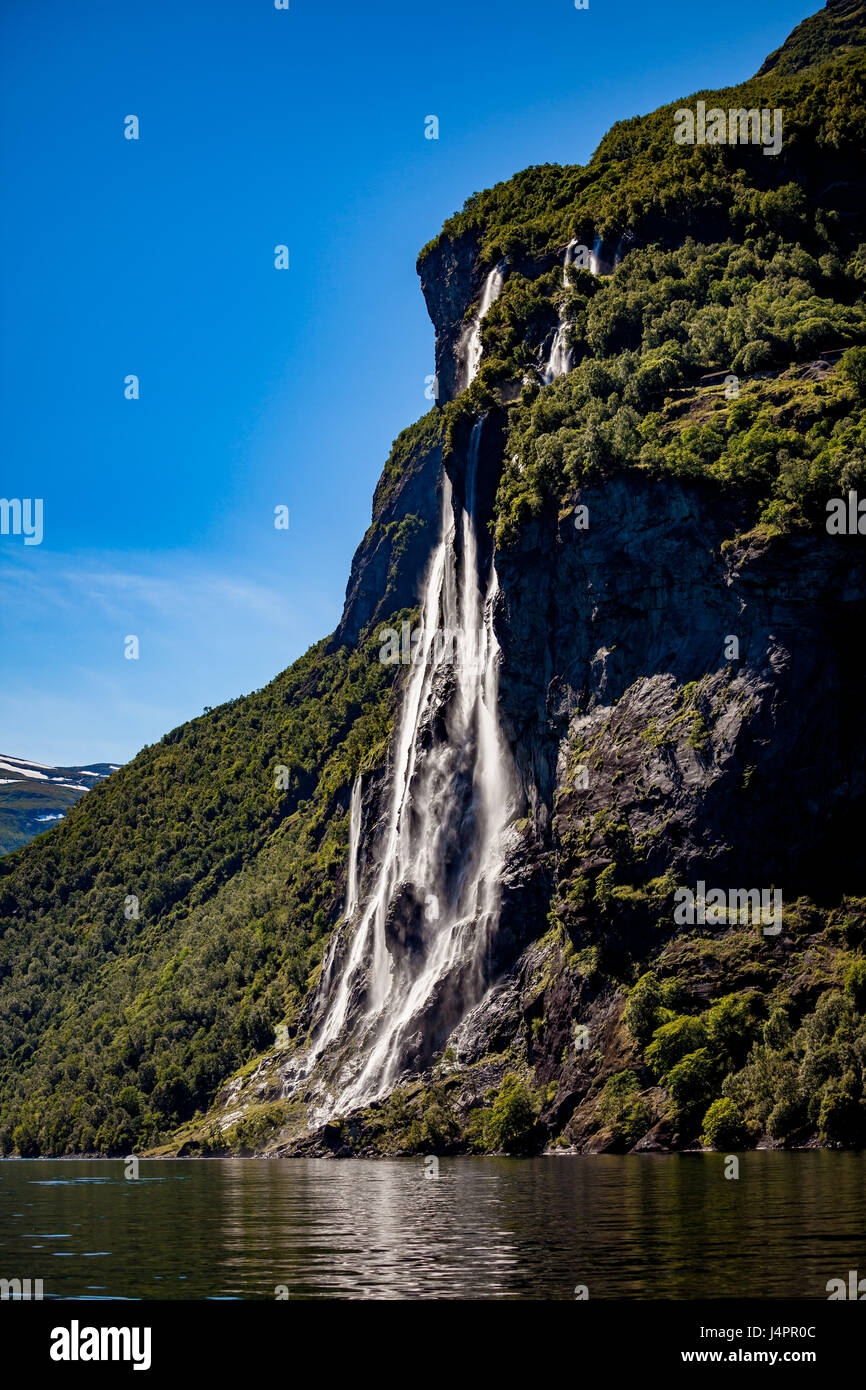 Geiranger fjord, waterfall Seven Sisters. Beautiful Nature Norway natural landscape. Stock Photo