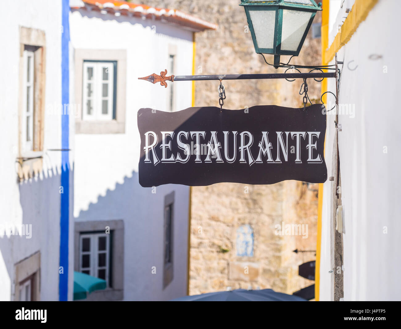 Sign reading 'Restuarante' in Obidos, Portugal. Stock Photo