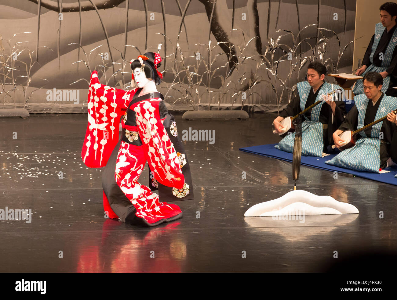 Kabuki dance performance on stage of MUPA Budapest on July 5, 2014 in Budapest, Hungary. Stock Photo