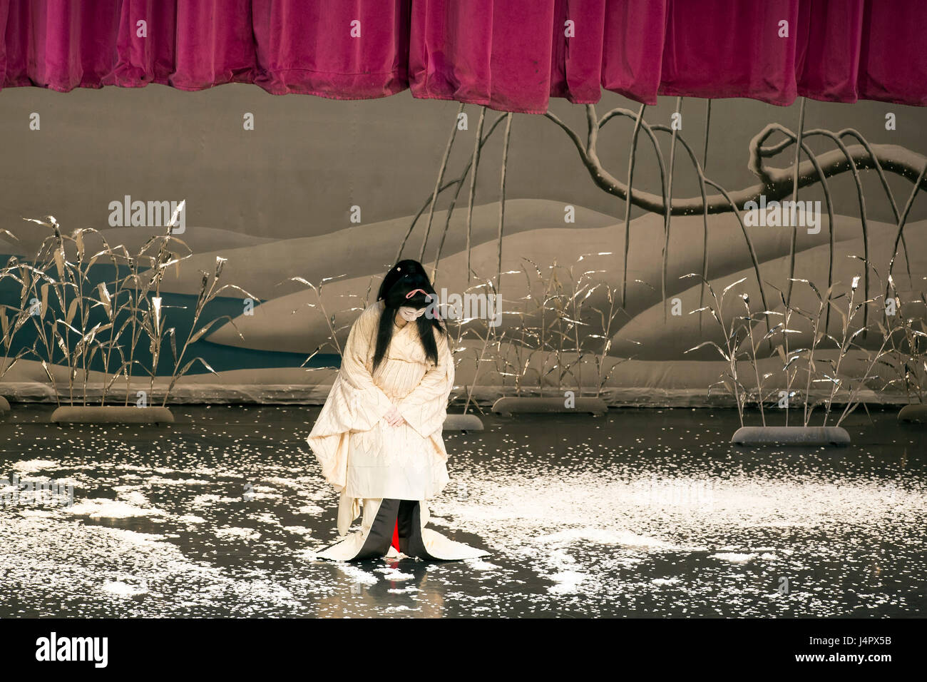 Kabuki dance performance on stage of MUPA Budapest on July 5, 2014 in Budapest, Hungary. Stock Photo
