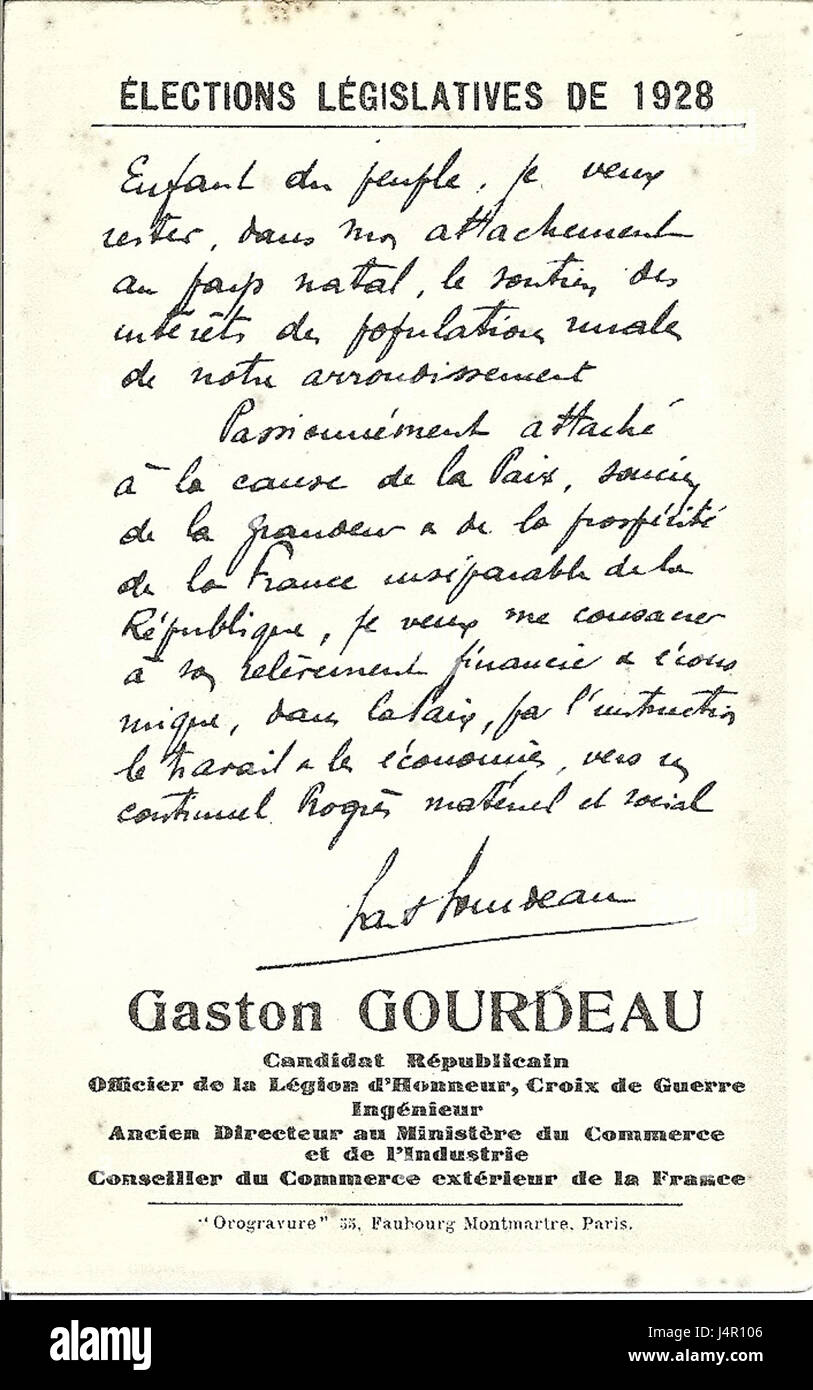 Verso photograph by G. Gourdeau, dated 1928, depicting a historical scene. Stock Photo