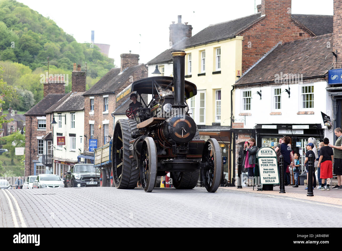 The historic streets of Ironbridge were turned back in time when 30 vintage steam engines rolled through the Gorge as part of the Ironbnridge Gorge Museums 50th aniversary celebrations. Credit: David Bagnall/Alamy Live News Stock Photo