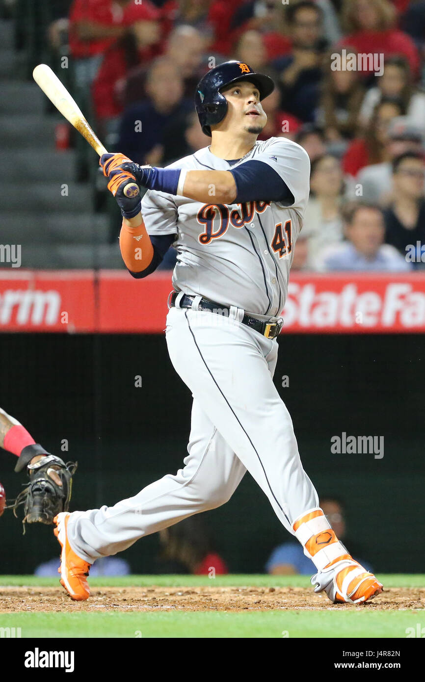 May 11, 2017: Detroit Tigers designated hitter Victor Martinez #41 watches his deep fly to left come up a bit short of the fence in the game between the Detroit Tigers and Los Angeles Angels of Anaheim, Angel Stadium in Anaheim, CA, Stock Photo