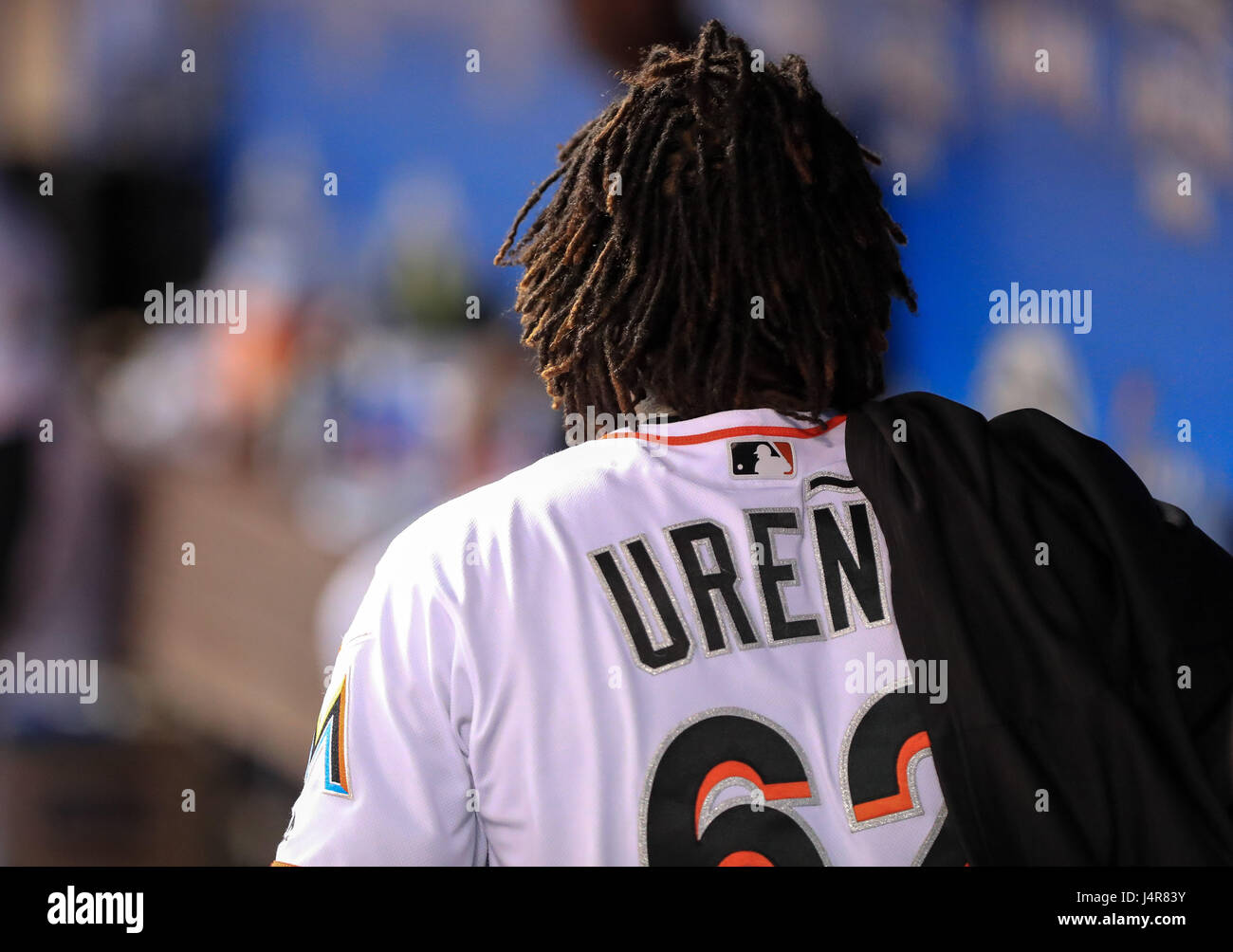 Miami, Florida, USA. 12th May, 2017. Miami Marlins opening pitcher Jose Urena (62) in the dugout during the MLB game between the Atlanta Braves and the Miami Marlins at the Marlins Park, in Miami, Florida. The Braves defeated the Marlins 8-4. Mario Houben/CSM/Alamy Live News Stock Photo