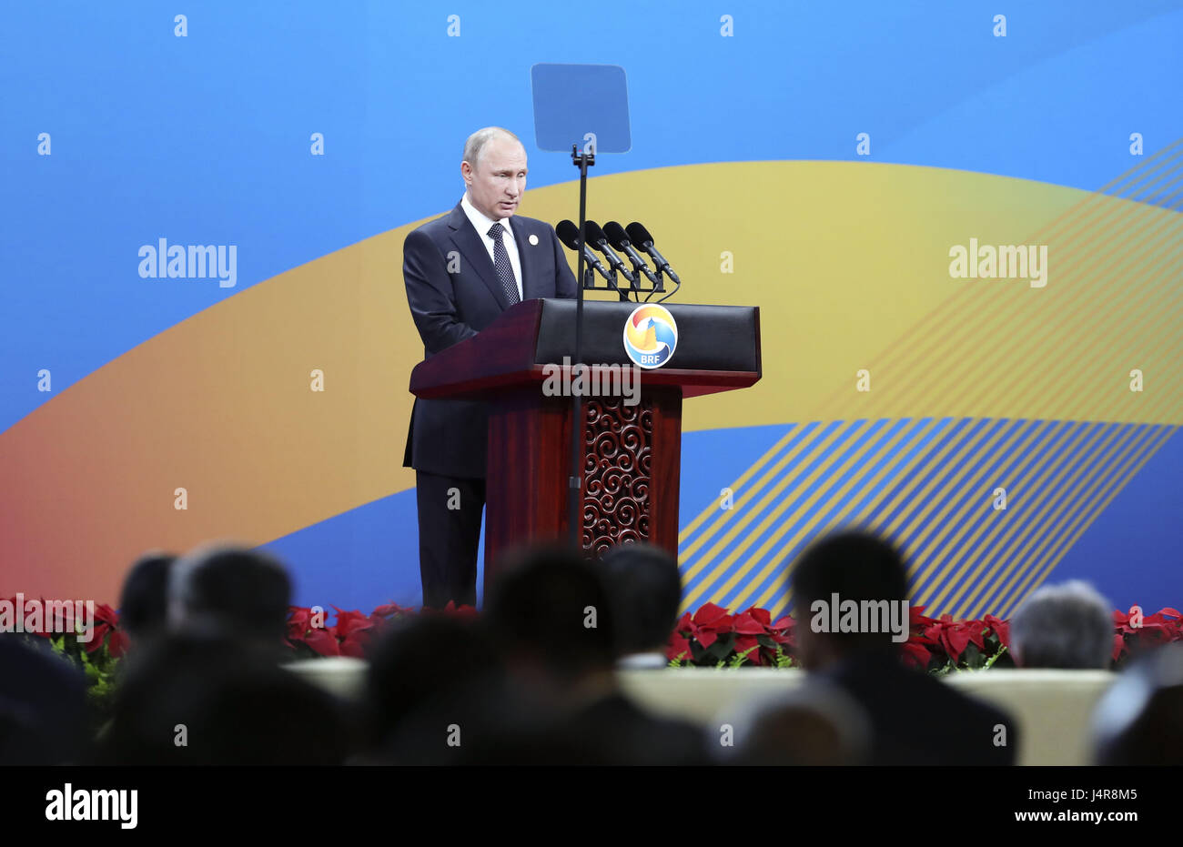 Beijing, China. 14th May, 2017. Russian President Vladimir Putin addresses the opening ceremony of the Belt and Road Forum for International Cooperation in Beijing, capital of China, May 14, 2017. Credit: Pang Xinglei/Xinhua/Alamy Live News Stock Photo