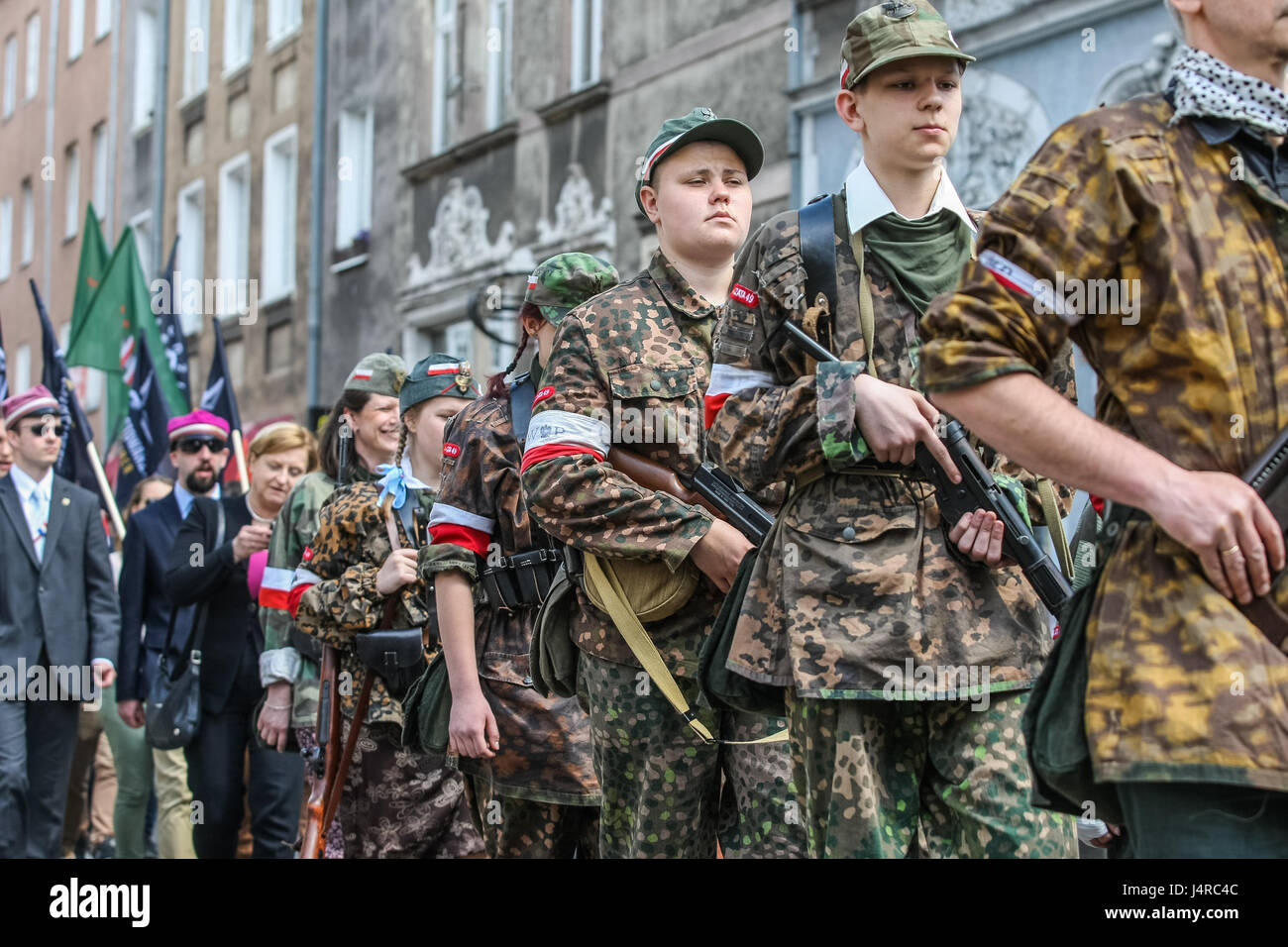 Gdansk, Poland. 14th May, 2017. People with flags of Poland and farright organizations flags