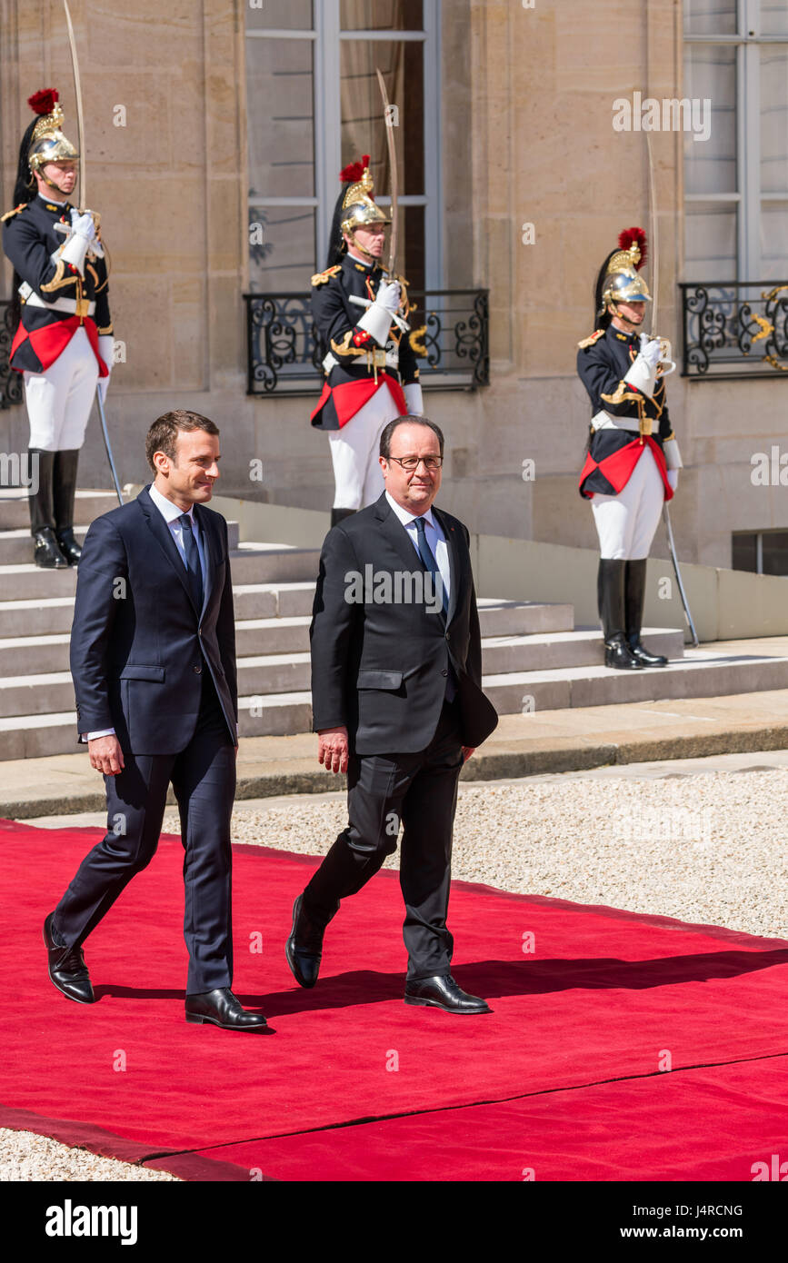 Paris, France. 14th May, 2017. The new president accompanies Francois Hollande to his car. Emmanuel Macron inauguration as france's new president at the Elysée Palace in Paris , France, on May 14 2017. Credit: Phanie/Alamy Live News Stock Photo