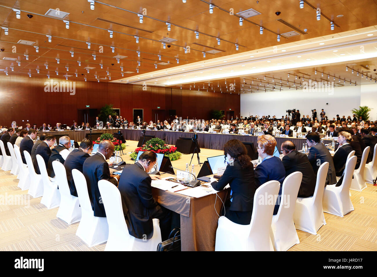 (170514) -- BEIJING, May 14, 2017 (Xinhua) -- Thematic Session on Connectivity of Development Policies and Strategies is held at the China National Convention Center in Beijing, capital of China, May 14, 2017. Six thematic sessions of the Belt and Road Forum (BRF) for International Cooperation were held here on Sunday.  (Xinhua/Lyu Xun) (zkr) Stock Photo