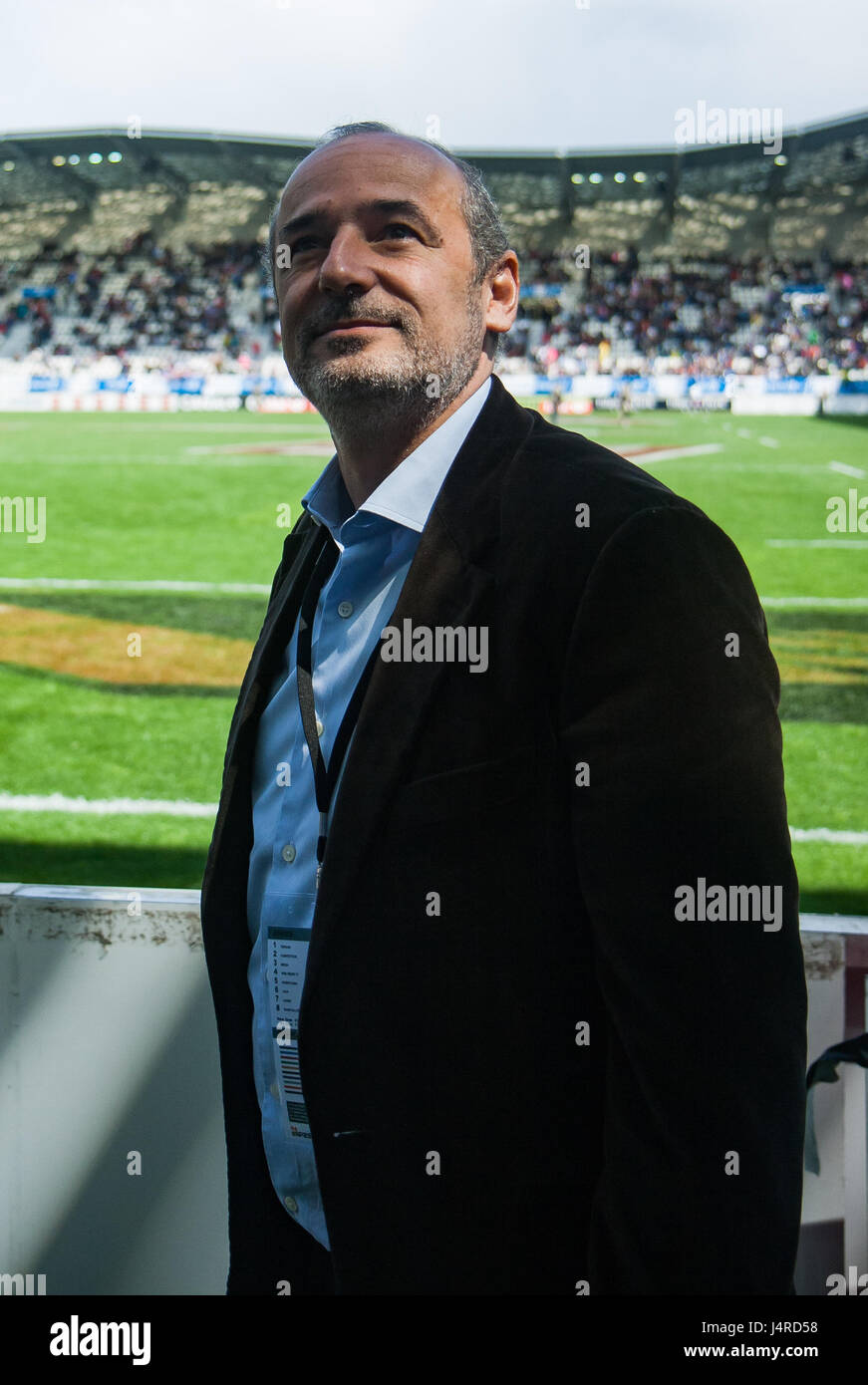 Paris, France. 14th May 2017. Stade Francais Paris President, Thomas Savare, during the players parade of the Challenge Cup trophy around their home ground, Stade Jean Bouin. They beat Gloucester 25 - 17 in Murrayfield, Scotland to clinch the trophy. Credit: Elsie Kibue / Alamy Live News Stock Photo