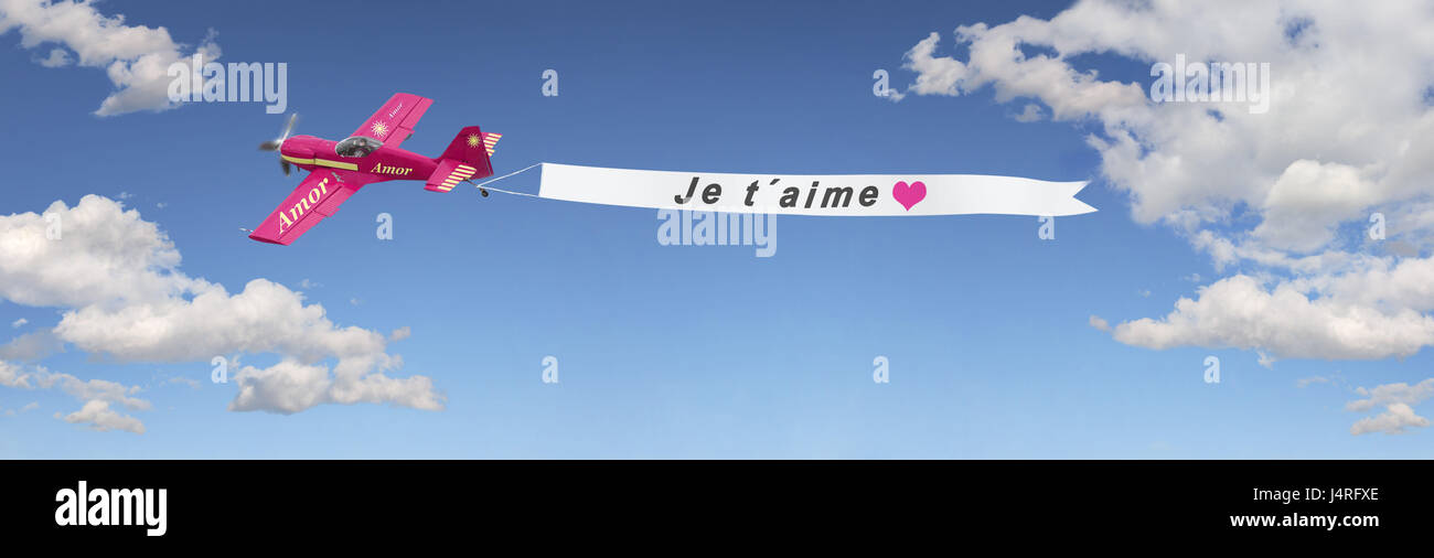 Airplane, sky, banner, 'Je t'aime', clouds, Stock Photo