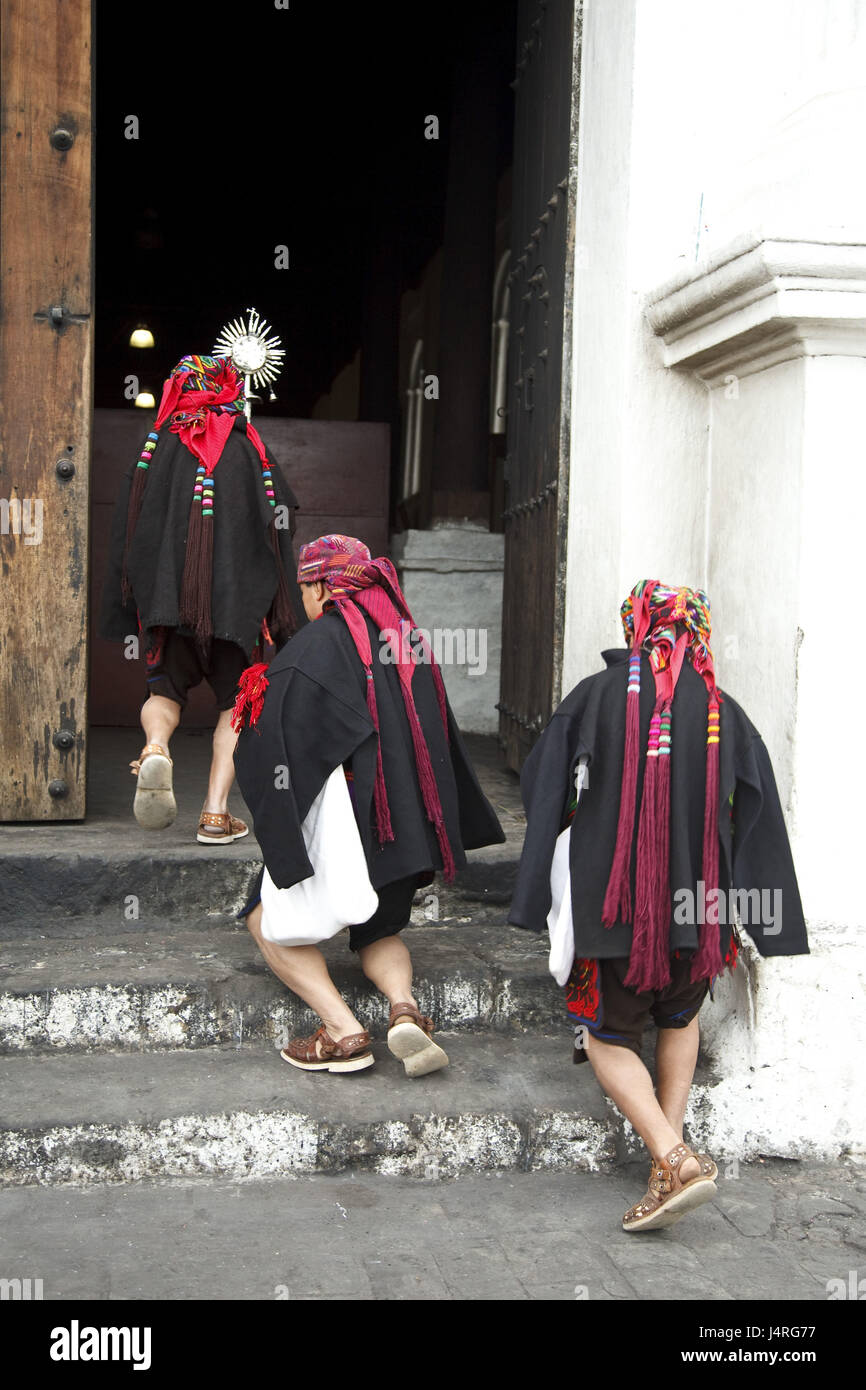 Guatemala, Chichicastenango, men, buildings, enter, back view, Stock Photo