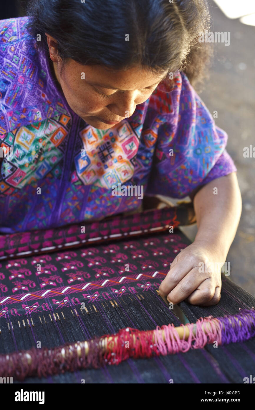 Guatemala, San Cristobal Totonicapan, woman, loom, work, Stock Photo