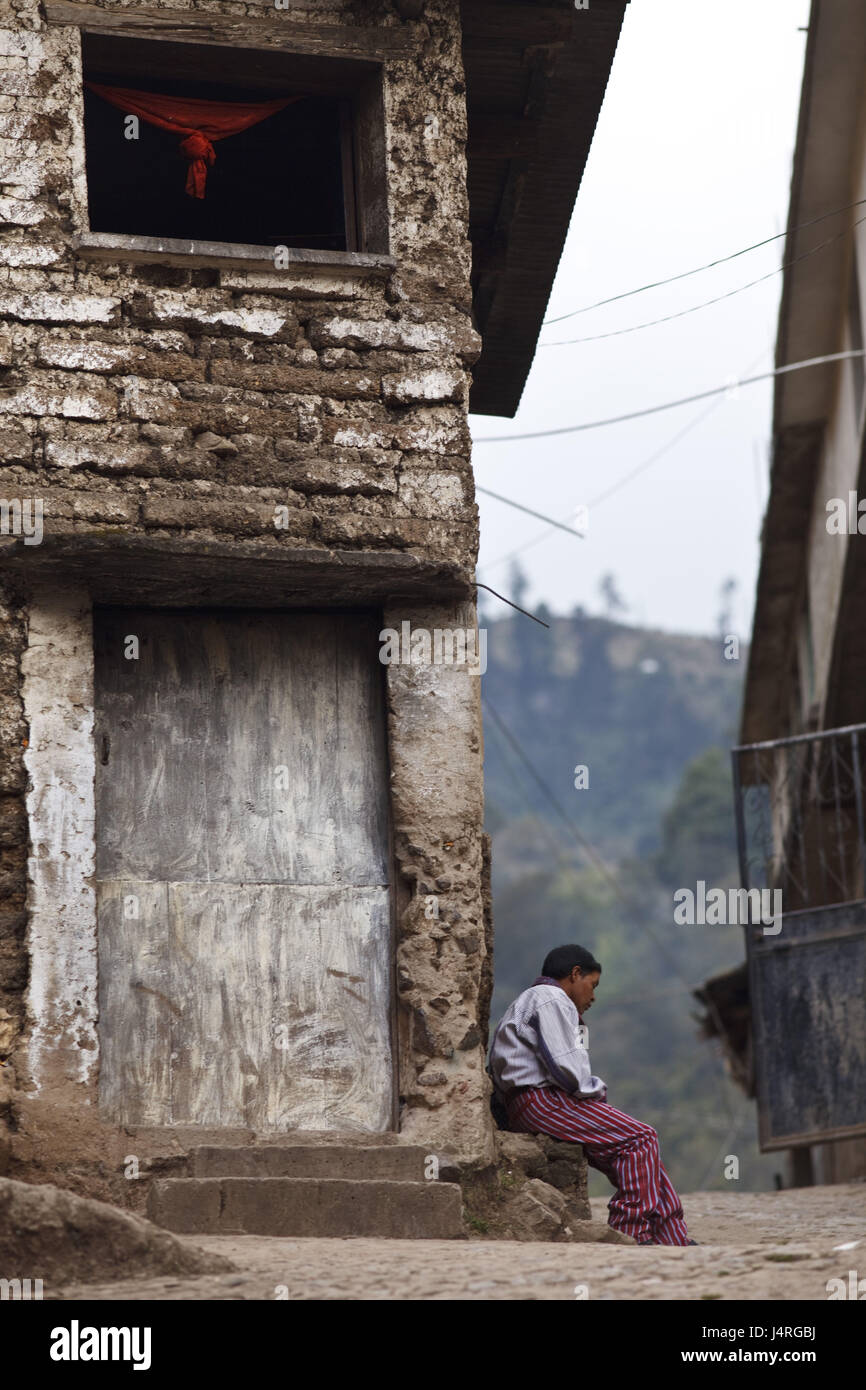 Guatemala, Todos Santos Cuchumatan, lane, man, sit, Stock Photo