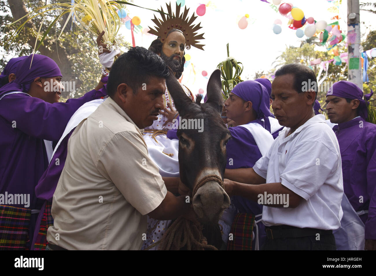 El Salvador, Panchimalco, Palm Sunday, procession, believers, donkeys, Stock Photo