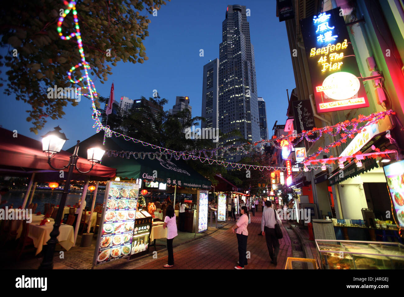 Singapore, island, town, skyline, centre, Boat Quay, bank fourth, night
