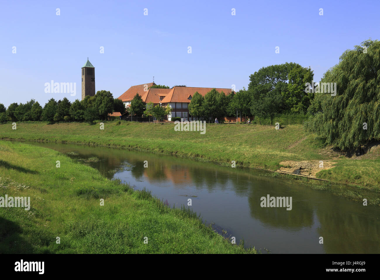 Germany, Löningen, big hare, hare's valley, Oldenburg cathedral country, Lower Saxony, town panorama, hare's scenery and parish church Saint Vitus, Stock Photo