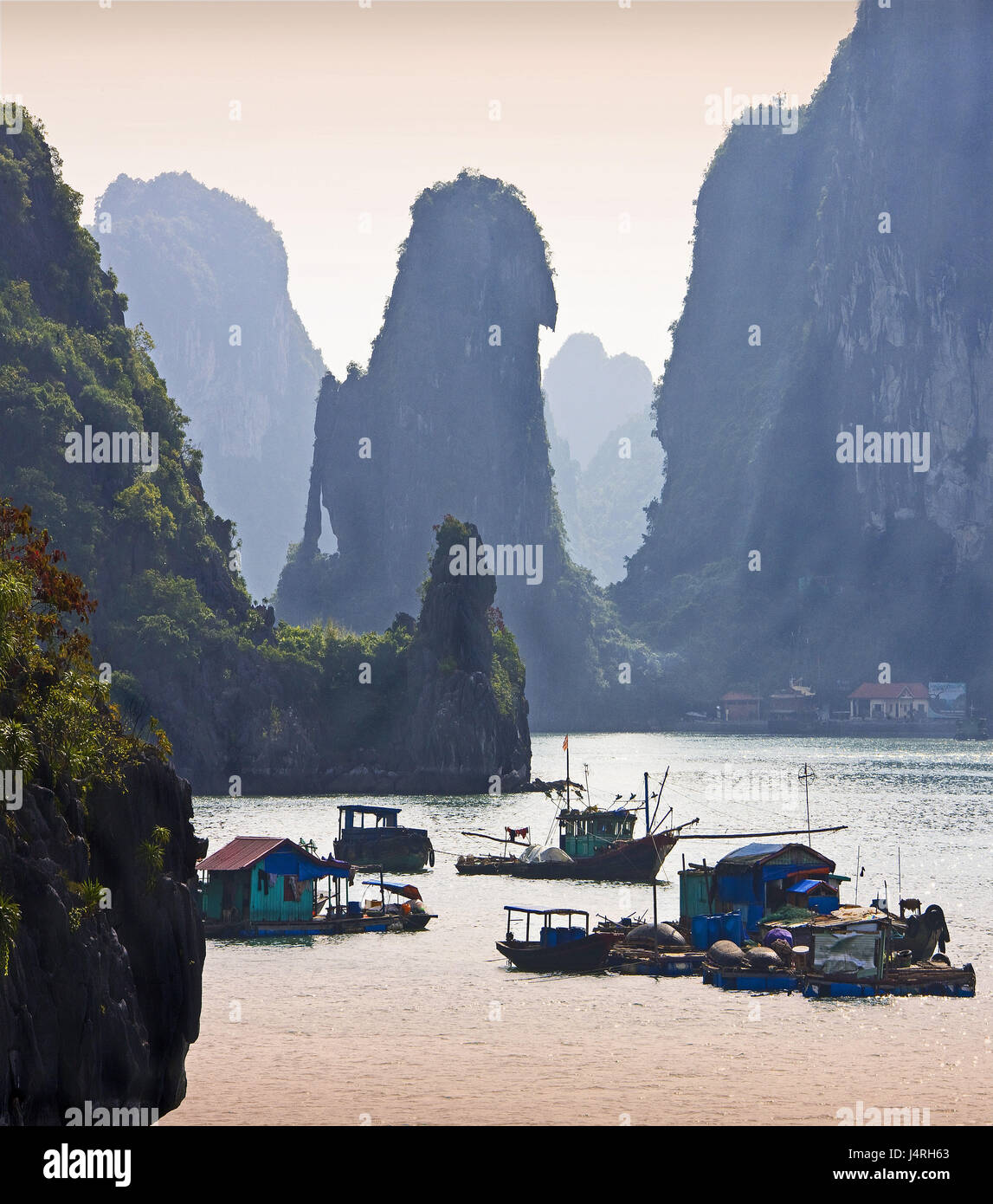 Vietnam, Halong Bay, rock, sea, swimming houses, Stock Photo
