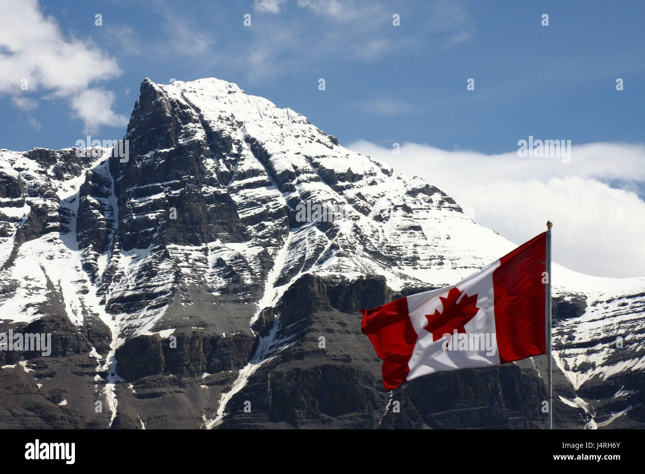 Flag, Canadian, flutter, mountain scenery, summit, snowy, Canada, province, Alberta, Banff Nationwide park, Rocky Mountains, Saskatchewan River Crossing, Stock Photo