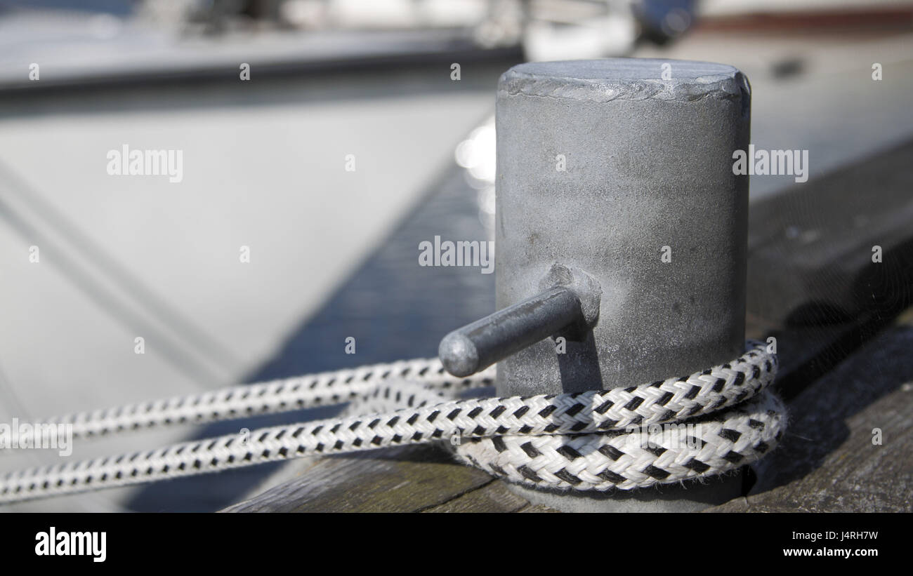Stowed, sailor's nodes, sail yacht, harbour, detail, Germany, Mecklenburg-West Pomerania, Rügen, Stock Photo