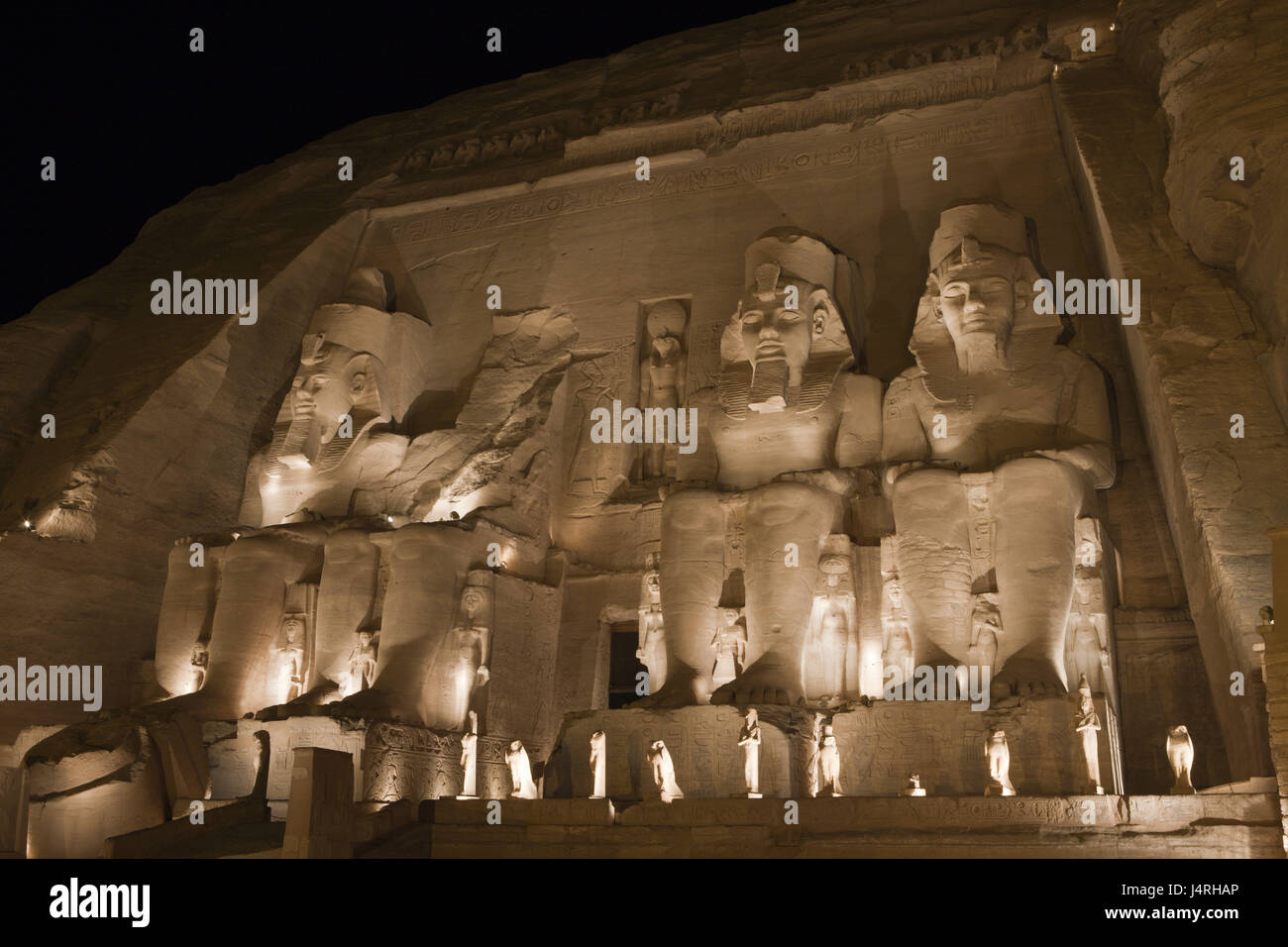 Big temple of Pharaoh Ramses II, illuminateds, Abu Simbel, Egypt, Stock Photo