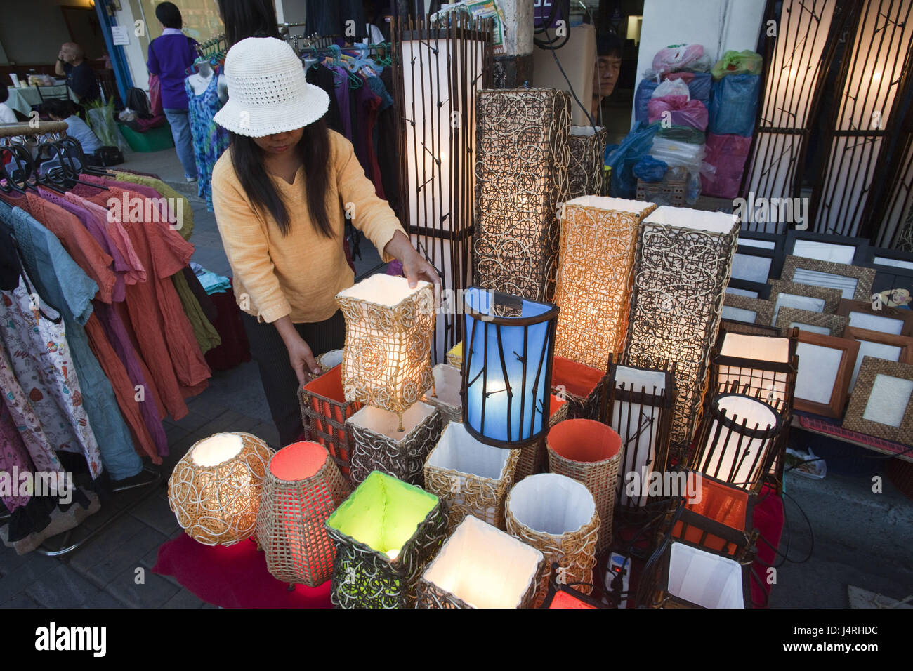 Thailand, Chiang May, street market, shop assistant, lamps, no model release, Stock Photo