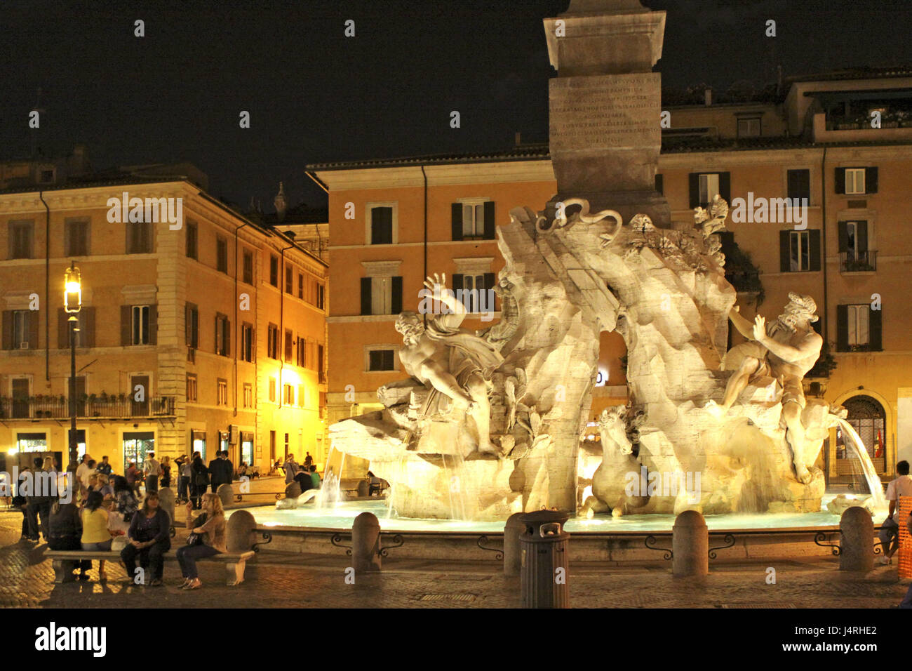 Italy, Rome, Piazza Navona, 4 currents well at night, Fontana dei Quattro Fiumi, Stock Photo