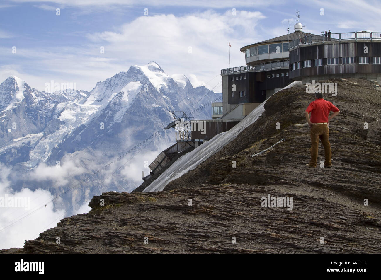 Top terminal Schilthorn, man, middle age, only, vertical, enjoy, mountain panorama, Switzerland, canton Bern, Lauterbrunnertal, no model release, Stock Photo