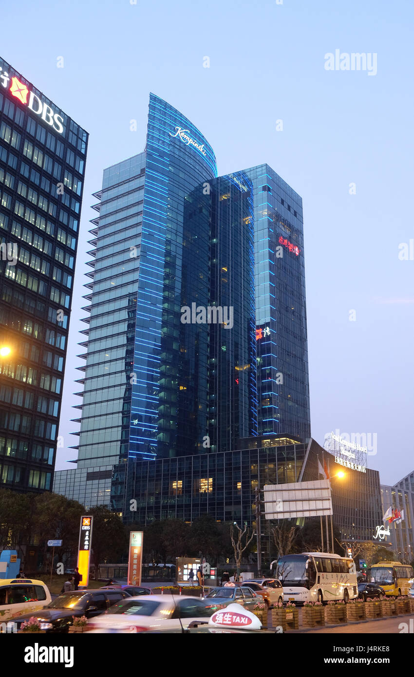 Glass facades, Kempinski Hotel, Pudong in Shanghai, China, February 26, 2016. Stock Photo