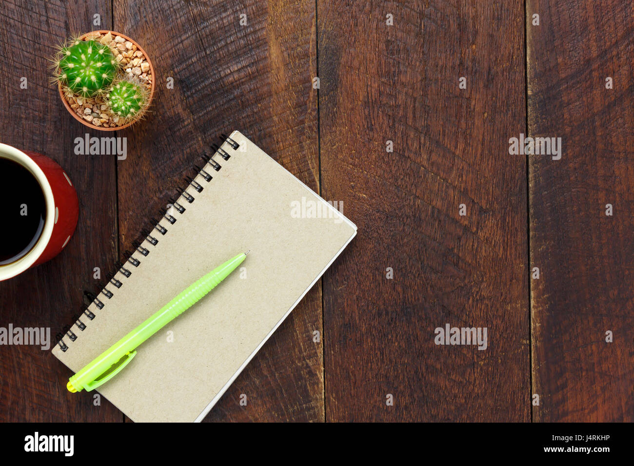 Top View Business Office Desk The Notebook Pen Black Coffee Cactus