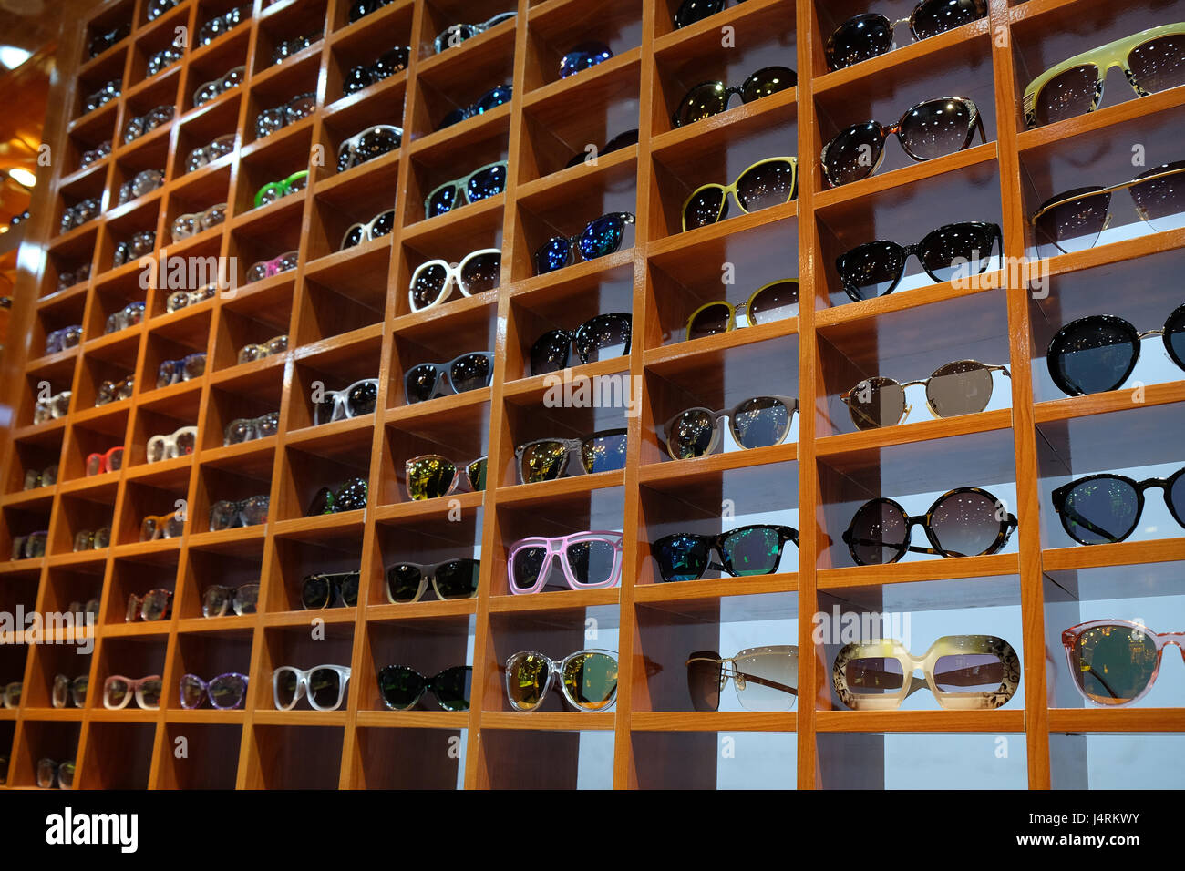 Showcase with glasses in Shopping Center in Shanghai, China, February 28, 2016. Stock Photo