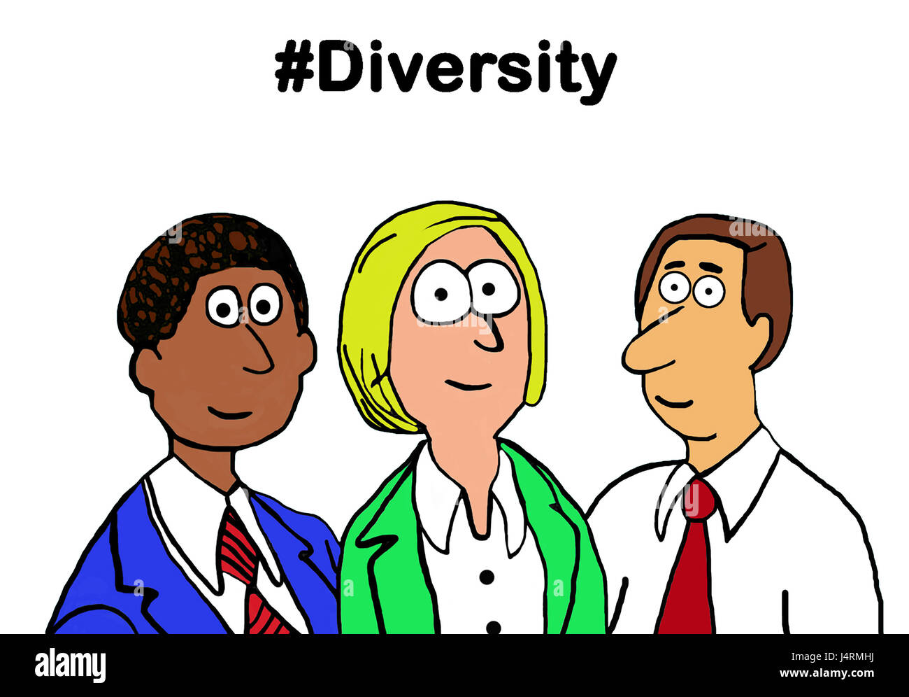 Business cartoon illustration showing three diverse people and '#Diversity'. Stock Photo