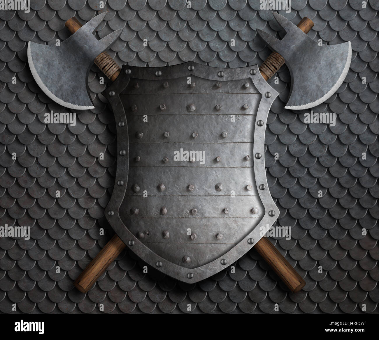 metal spiked shield and two crossed battle axes on armor 3d illustration Stock Photo