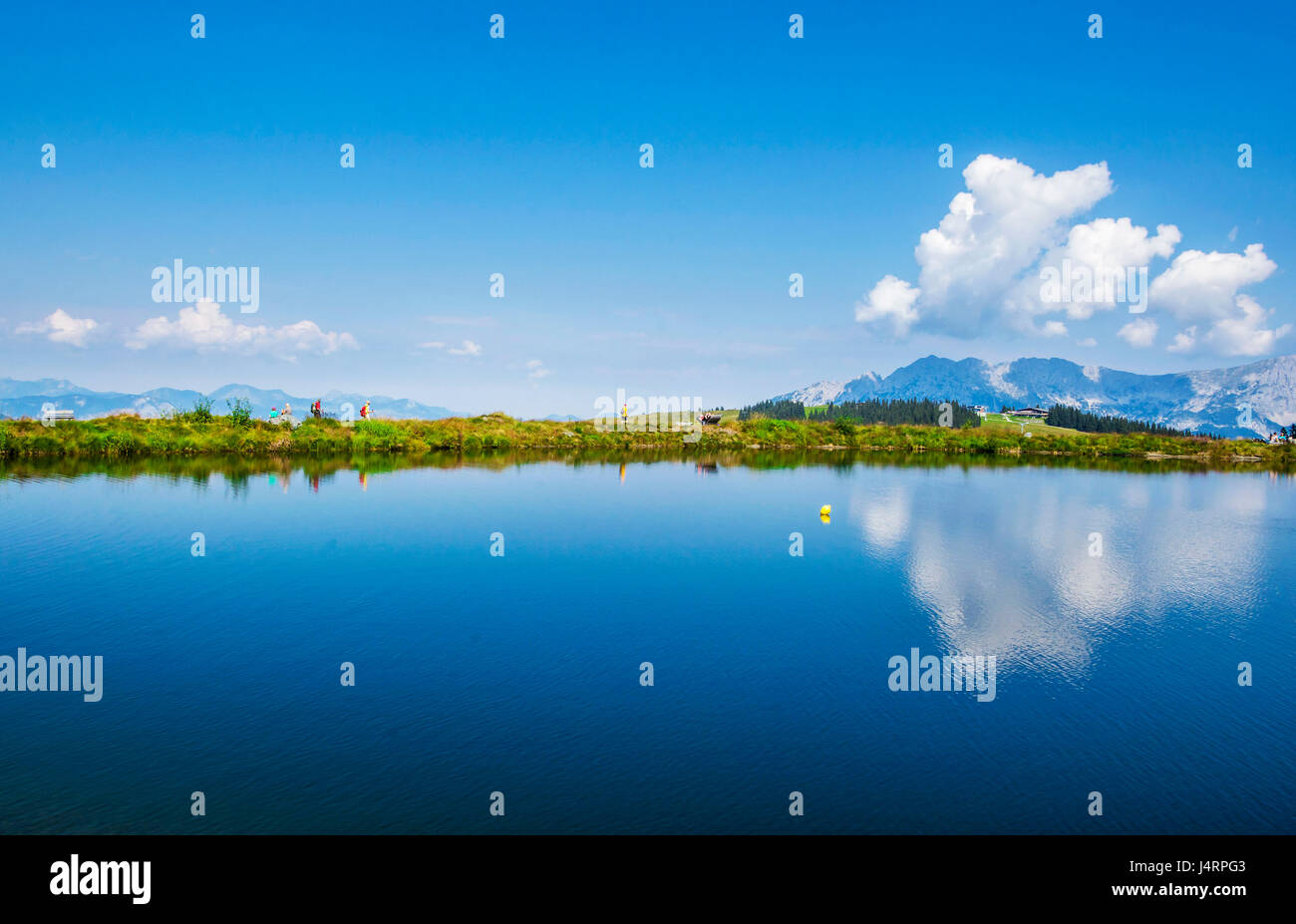 Hintersteinersee mountain lake, summer wellness attraction in Scheffau am Wilden Kaiser, Tirol, Austria Stock Photo