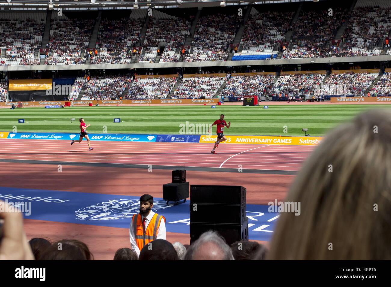 Jamie Theakston winning the celebrity relay Anniversary Games Olympic Stadium Queen Elizabeth 11 Olympic Park Stratford London Stock Photo