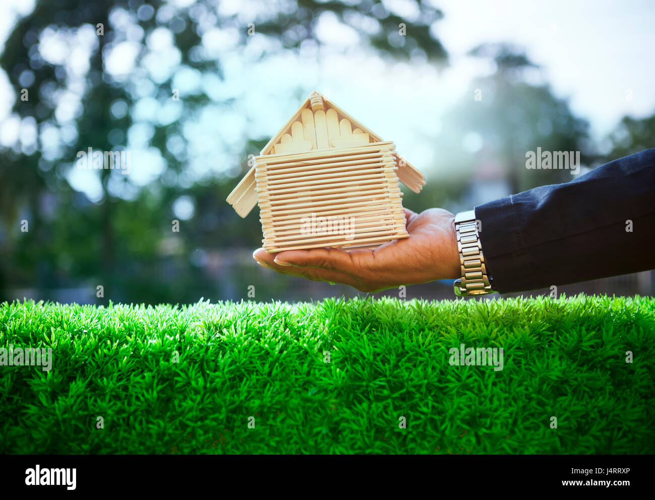 hand of business man and wood house model on beautiful green grass ...