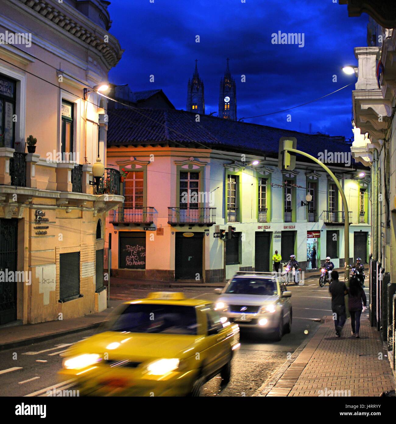 Old neighborhood in Quito, Ecuador during dusk Stock Photo