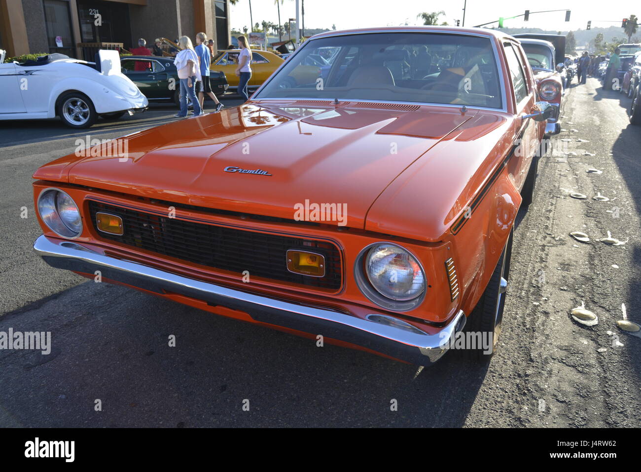 Gremlin, 1975 American Motors car, hatchback, 2 doors, orange. Stock Photo