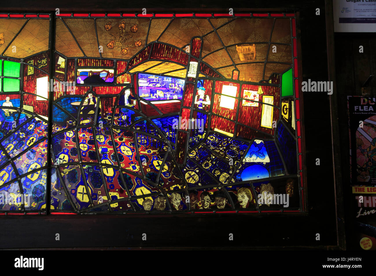 Stained glass artwork display inside J Grogan pub, South William Street