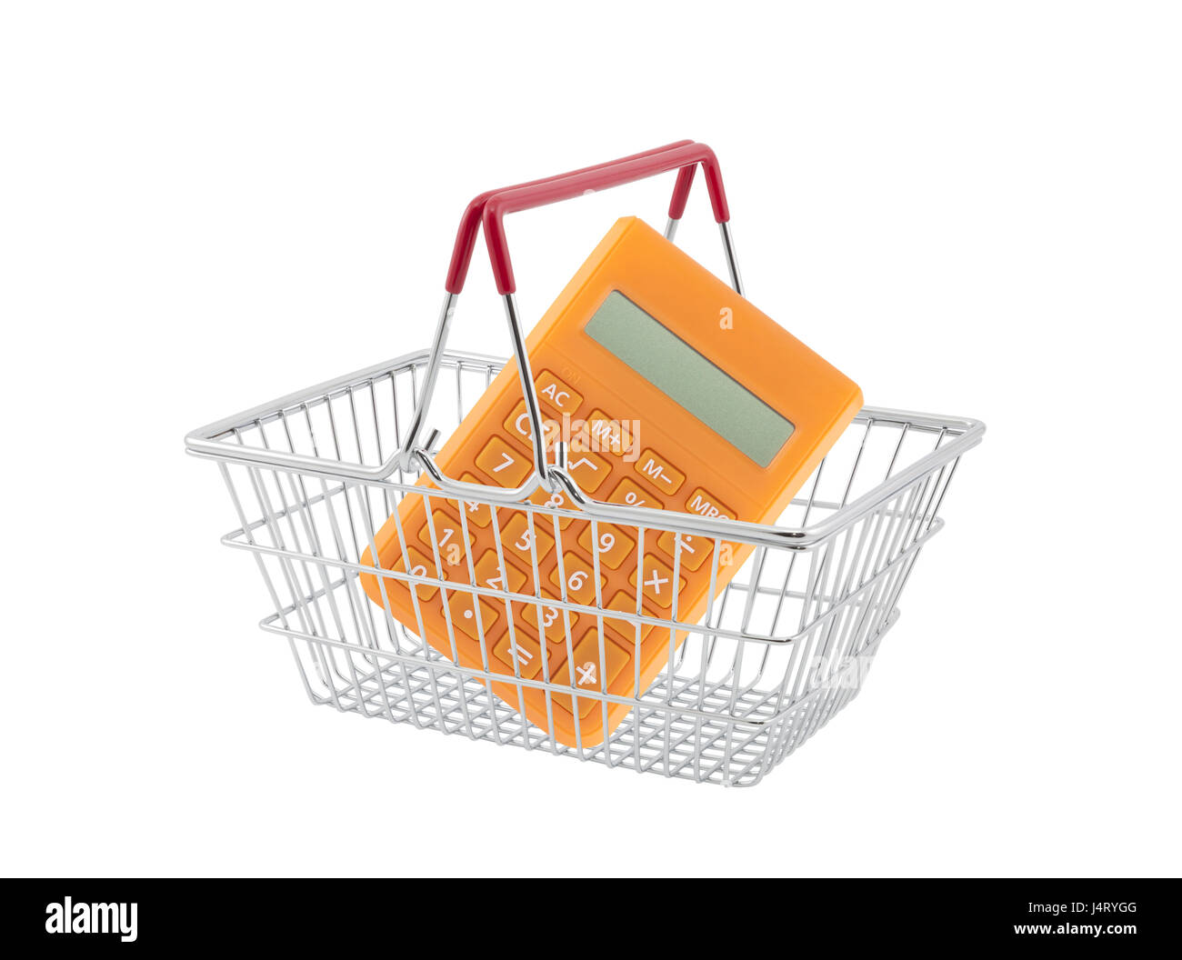 Shopping basket with orange calculator isolated on white background Stock Photo