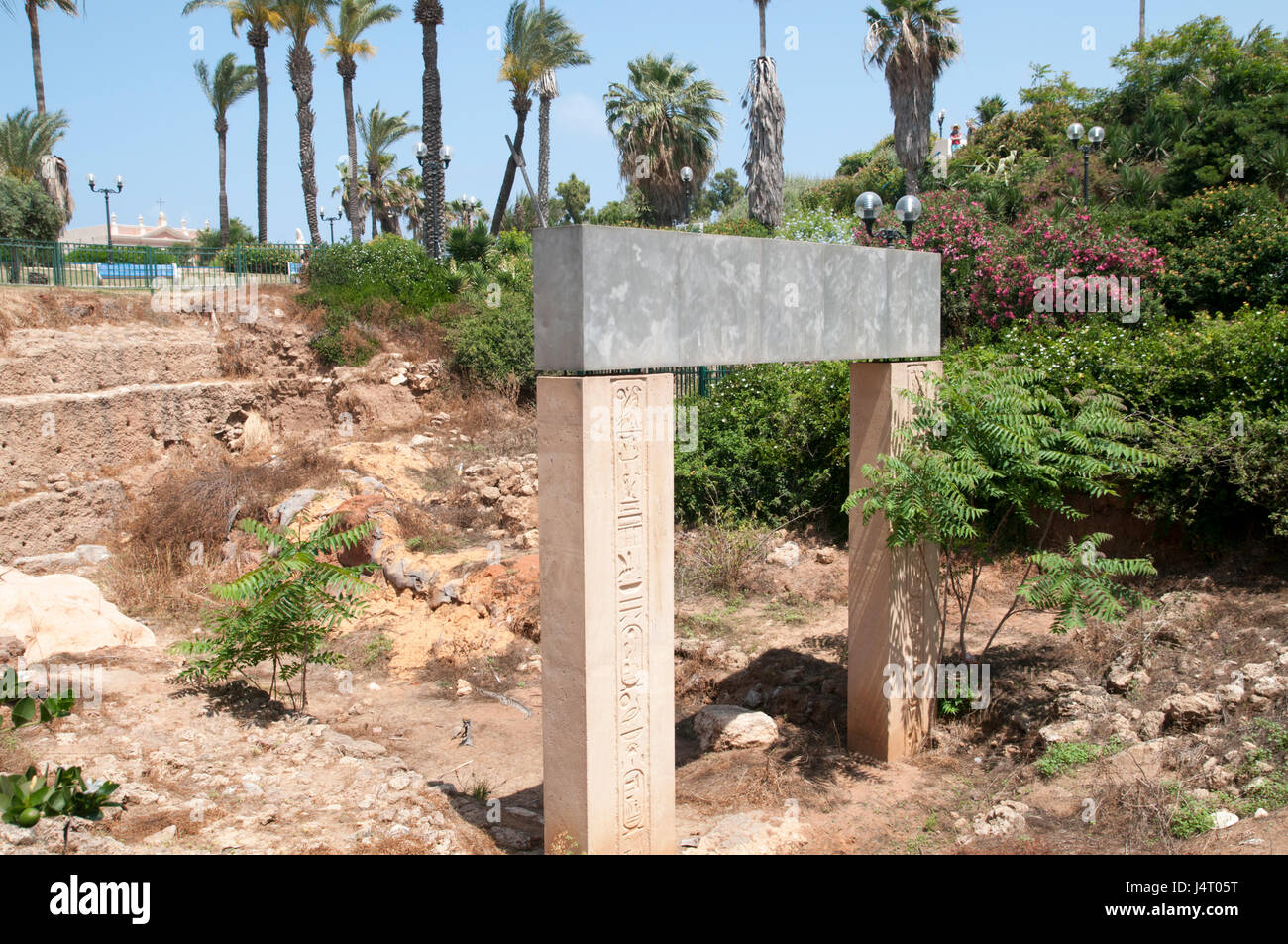 Archaeological site showing a replica of the 13 century BCE gate bearing the titles of the Egyptian Pharaoh Ramses II, Jaffa, israel Stock Photo