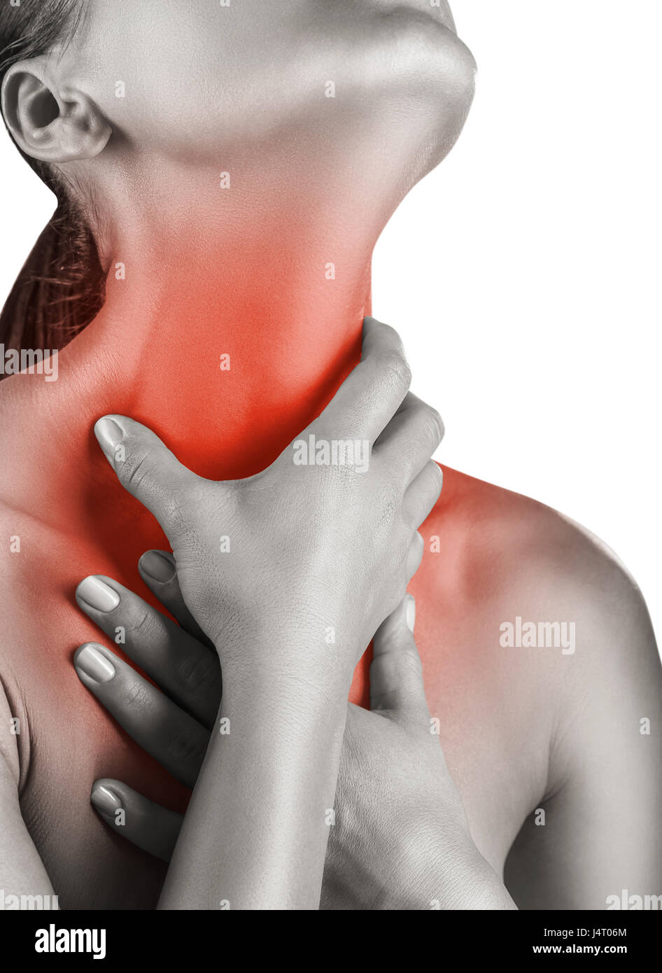 Woman holding his throat in pain isolated on white background Stock Photo