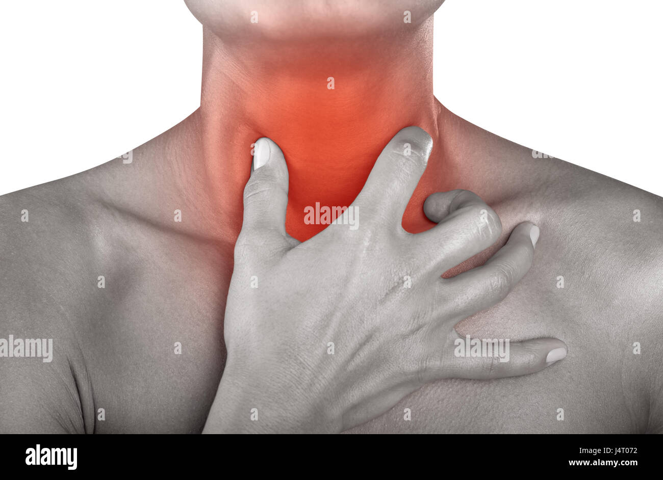 Woman holding his throat in pain, isolated on white background Stock Photo