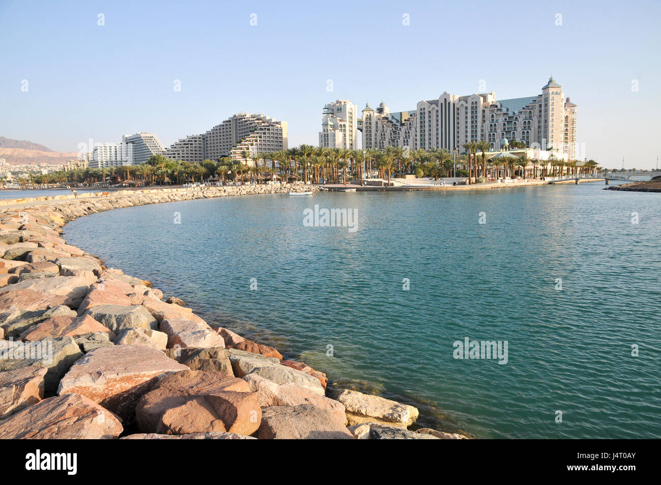 Israel, Eilat Beach, Hotels in the background Stock Photo
