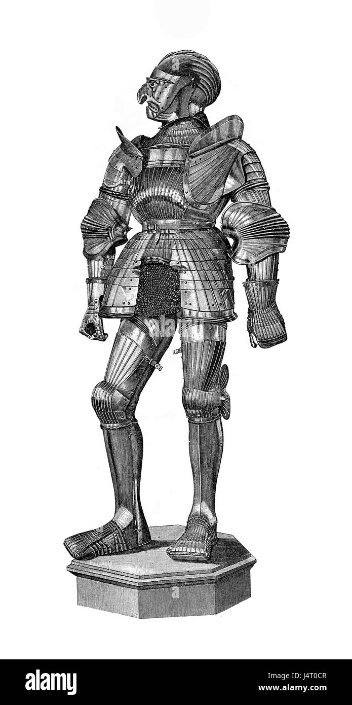 Medieval Milanese armor with curious visorless war helmet face shaped Stock Photo