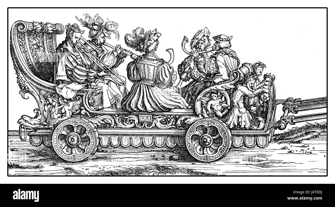 Chariot with trumpets and horns in festive procession from Hans Burgkmair's Triumph of  Maximilian I, monumental woodcut prints from many artists of  XVI century Stock Photo