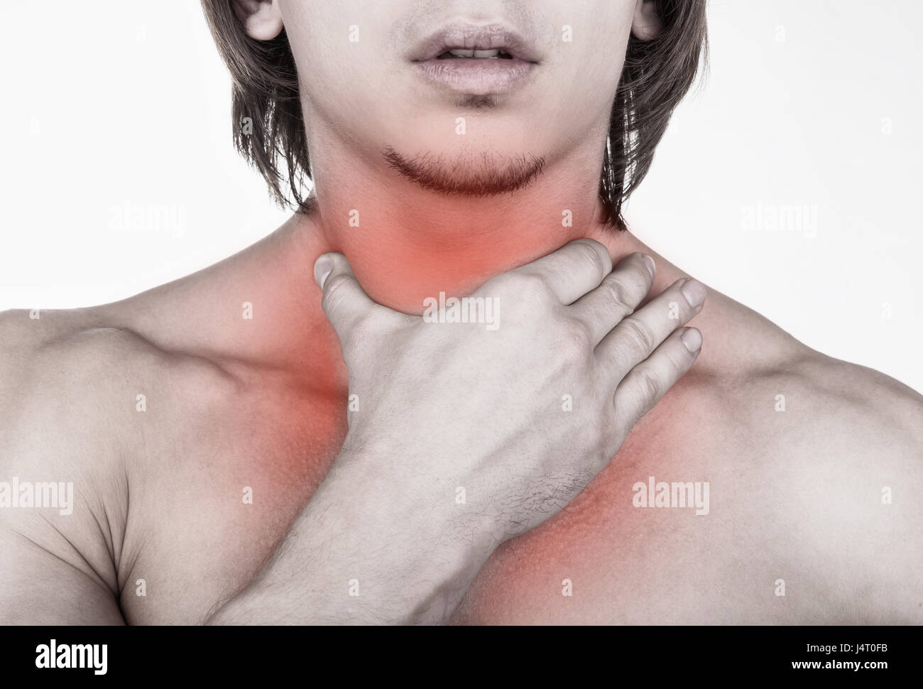 Man holding his throat in pain, isolated on white background Stock Photo