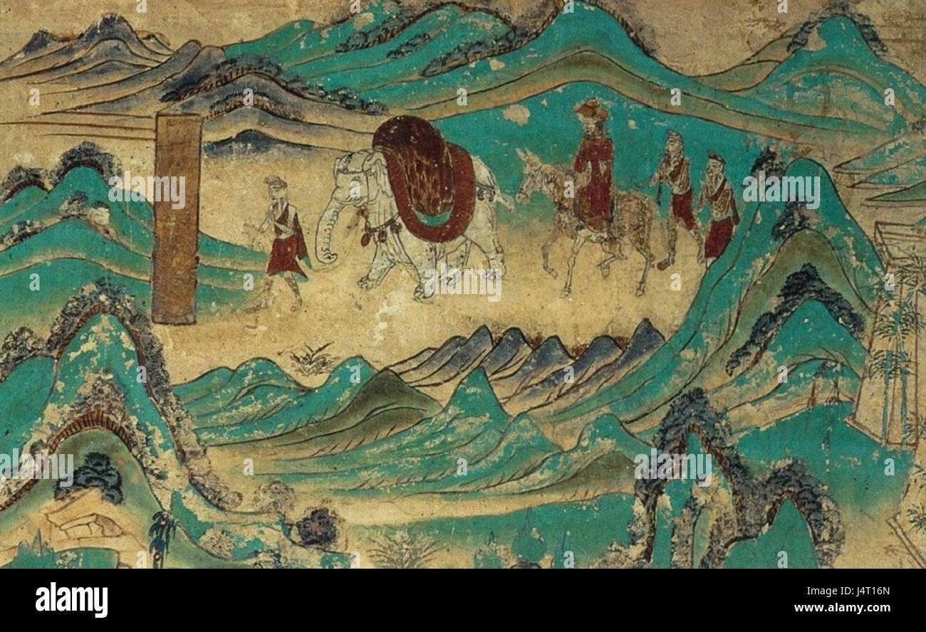 Xuanzang returned from India. Dunhuang mural, Cave 103. High Tang period (712 765). Stock Photo
